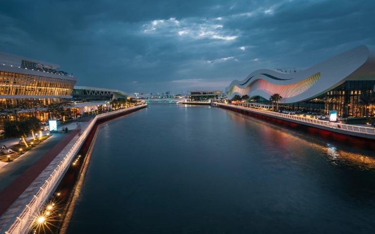 Night view of the Al Qana Waterfront district