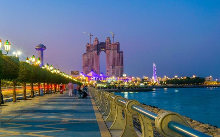 View of the corniche - promenade in Abu Dhabi at night