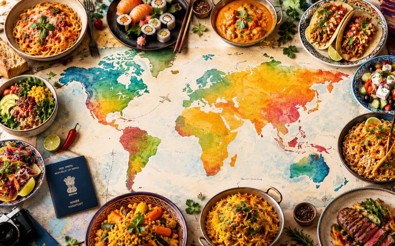 World map with colourful dishes