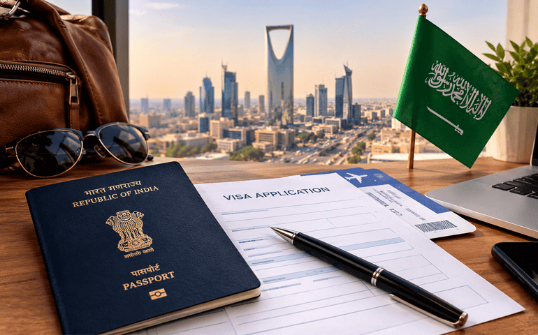 Visa documents and passport on the table
