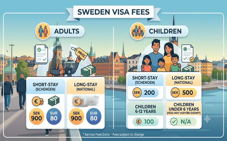 An illustration of Sweden tourist visa fees for kids and adults
