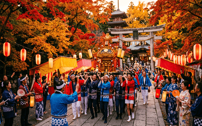 People carrying a traditional mikoshi shrine during a Japanese autumn festival 
