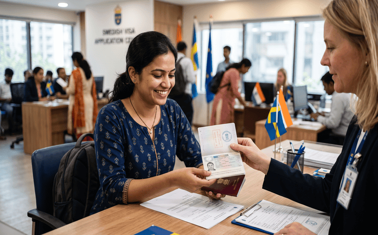 An Indian women sitting at the visa office