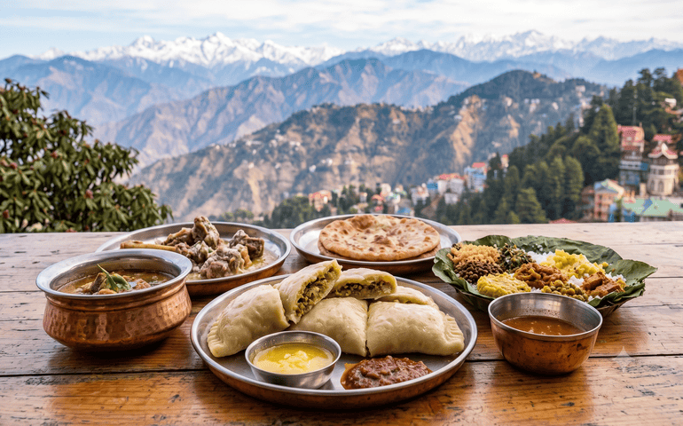 Delicious Shimla food kept on a table facing the mountains
