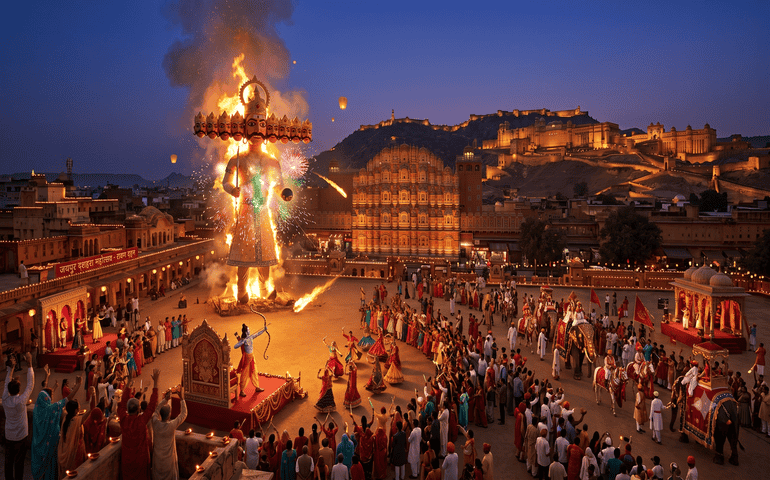 Dussehra celebration in Jaipur featuring a burning Ravana effigy, crowd, and festive lights.
