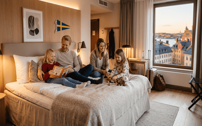 A family sitting in a hotel room in Sweden