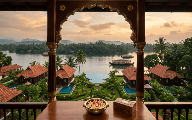 Stunning view of the pool and backwaters from the hotel room