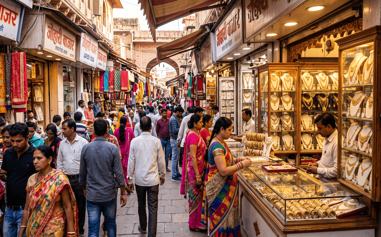 Vibrant shops displaying intricate gold and Kundan jewelry in Johari Bazar
