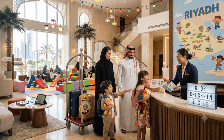 A family with kids checking in at the hotel
