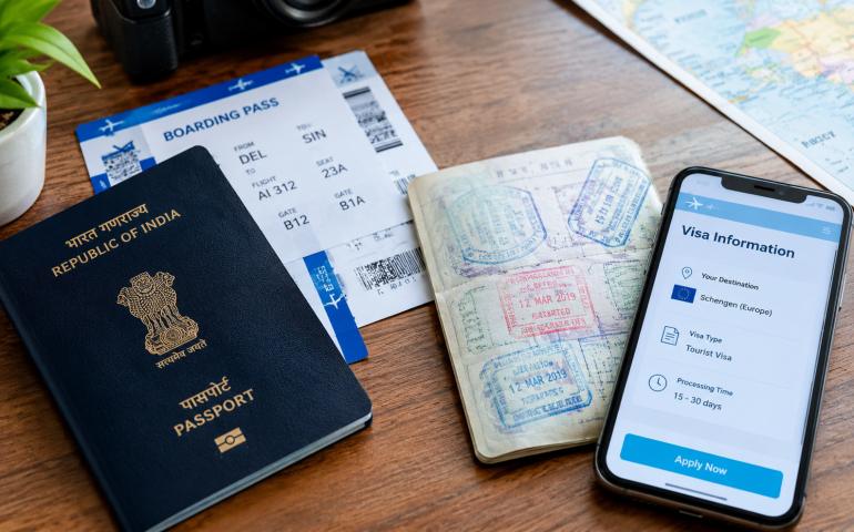 Passport pages beside boarding passes and a phone showing visa information.