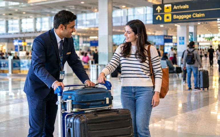Airport staff helping a traveller with luggage
