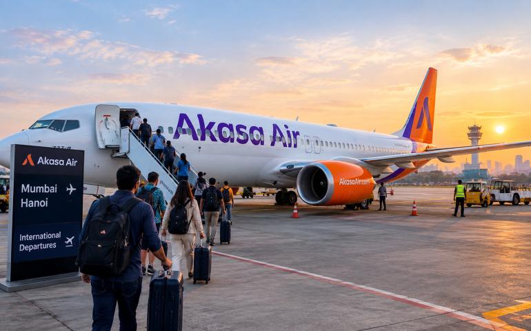 Akasa Air aircraft preparing for an early-morning international departure