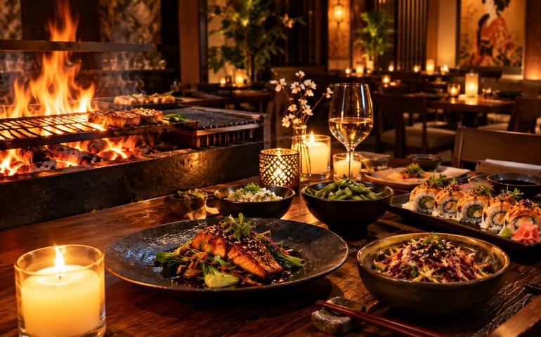 Fire grill, candlelit dining room and elegant Asian dishes