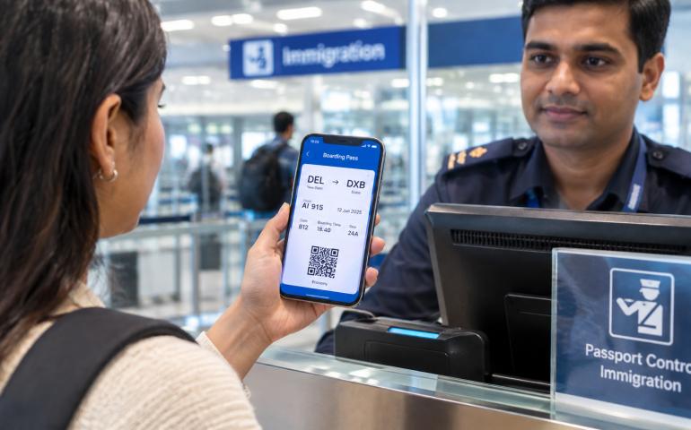 Smartphone displaying a digital boarding pass at an airport immigration counter.