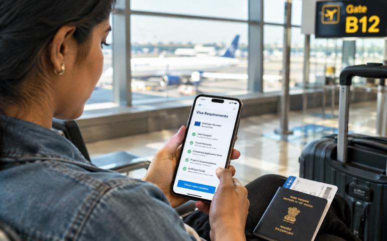 Indian traveller checking visa requirements on a smartphone at an airport gate.