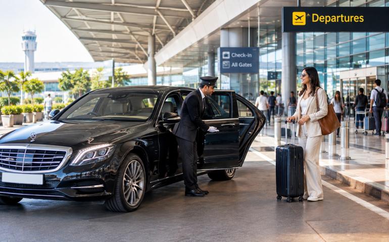 Luxury car waiting outside an airport terminal