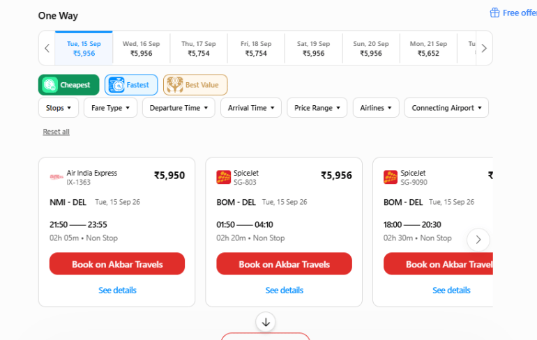Flight search results