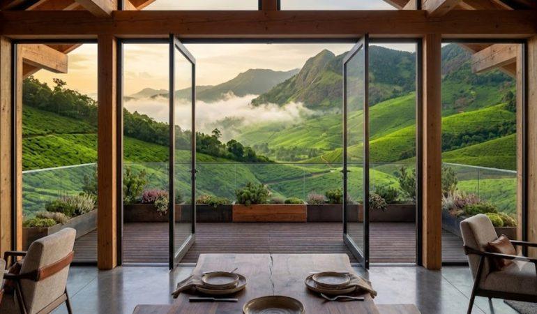 AI-generated image showcasing breathtaking mountain views from a beautiful boutique hotel in Kerala.