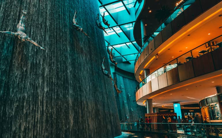 A "free fall" fountain in Dubai Mall