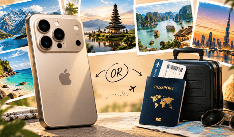 AI generated image, showcasing iphone with camparison to international destination