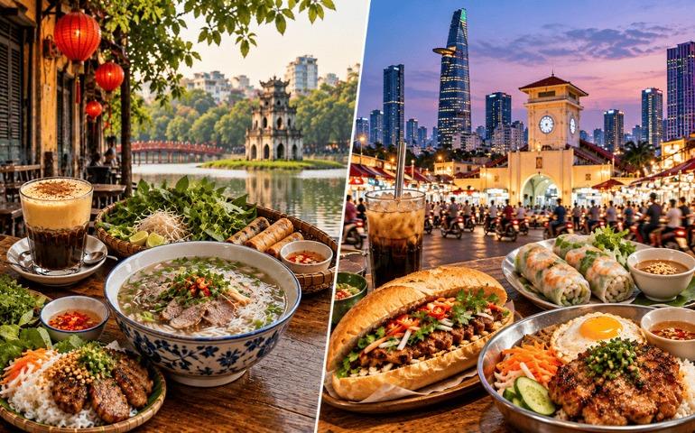 AI-generated image showcasing Hanoi and Ho Chi Minh City’s local food specialties.