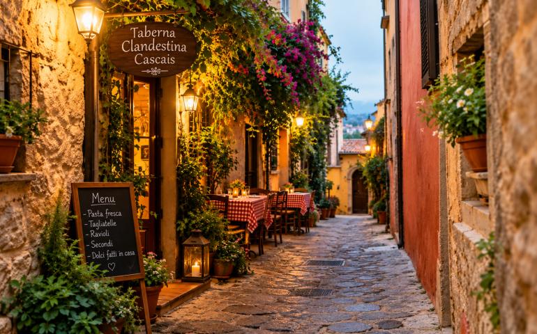 A narrow lane leading to a tiny restaurant