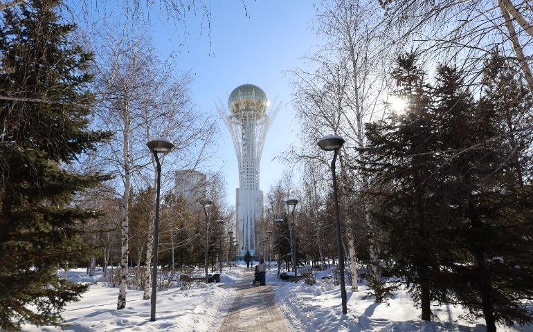 A snowy view of Baiterek Tower surrounded by trees in Nur-Sultan, Kazakhstan.
Image Credit: Нурлан/Pexels