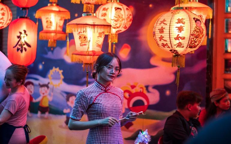 Night scene of a vibrant lantern festival in Ho Chi Minh City, Vietnam.