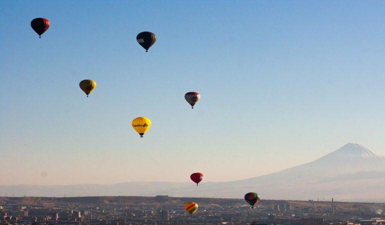 Hot air balloons float over Yerevan with Mount Ararat 
Image Credit: Alexander Gluschenko/ Pexels