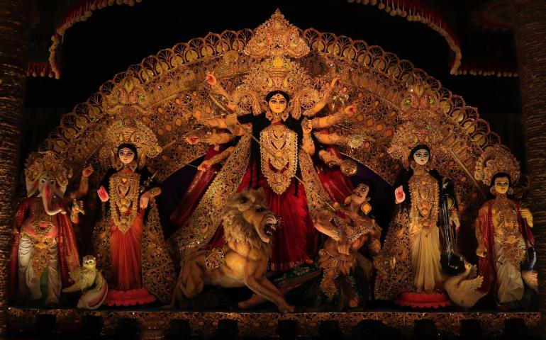 Beautifully crafted Durga Puja idols with traditional decorations in Kolkata, India.
Image Credit - Sanket Gaikwad/Pexels