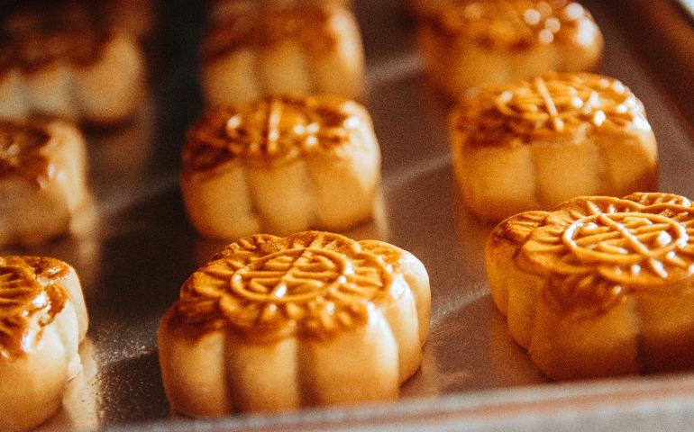 Traditional mooncakes freshly baked on a tray