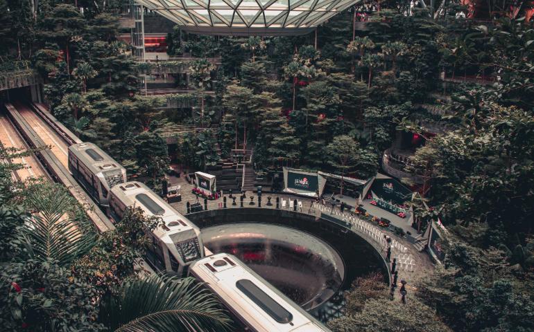 Panoramic view of Jewel Changi Airport's lush indoor rainforest with a train passing through.
Image Credit: Weewe Tan/Pexels