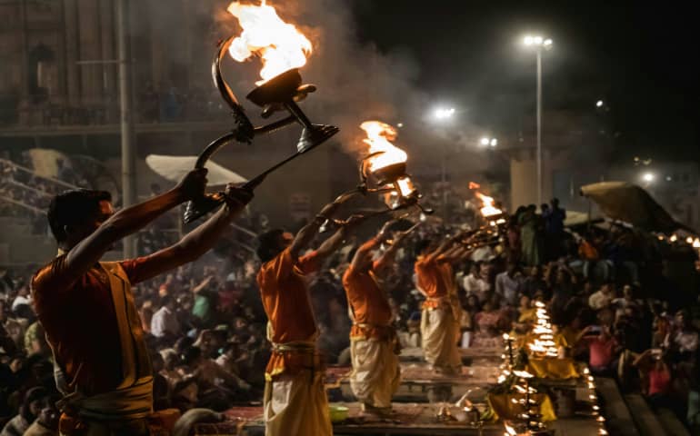 Devotees performing Arti at the Ghats in Varanasi
