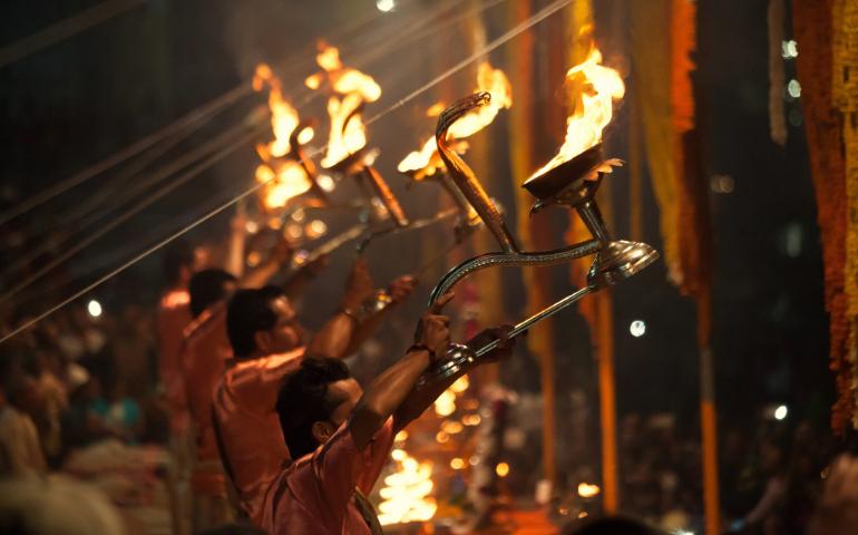 Priests performing Ganga aarti