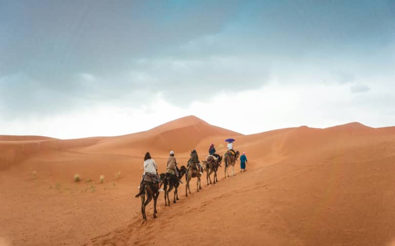 A group of people enjoying camel ride in the desert