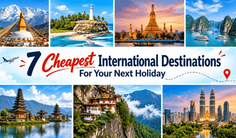 AI-generated banner featuring seven budget-friendly international destinations for your next November holiday.