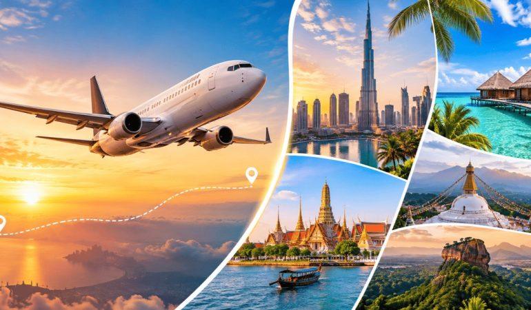 AI-generated image showcasing an aircraft in flight alongside popular international destinations located within 5 hours of India.