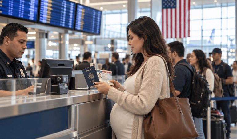 AI-generated image showcasing a pregnant woman presenting her passport and U.S. visa at an immigration counter.