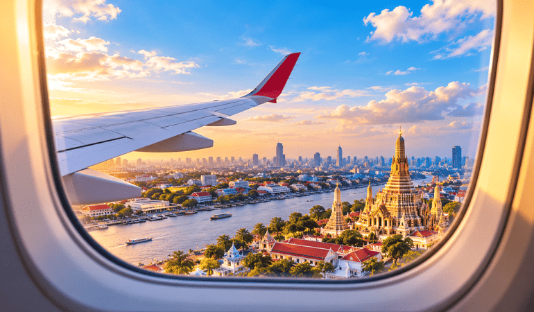 AI-generated image showcasing a destination view from an airplane window.