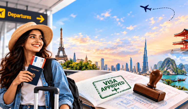 AI-generated image of a traveller at an airport with a passport, boarding passes, global landmarks, and a visa approval stamp.