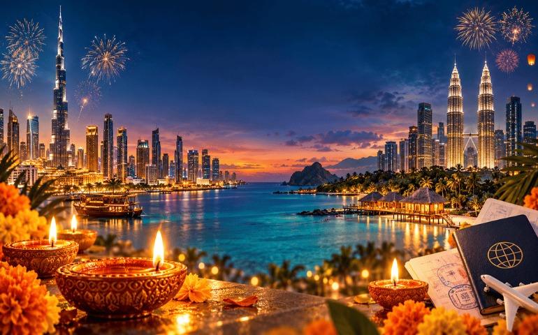 AI-generated image of Diwali diyas, international destinations, and visa essentials for festive travel.