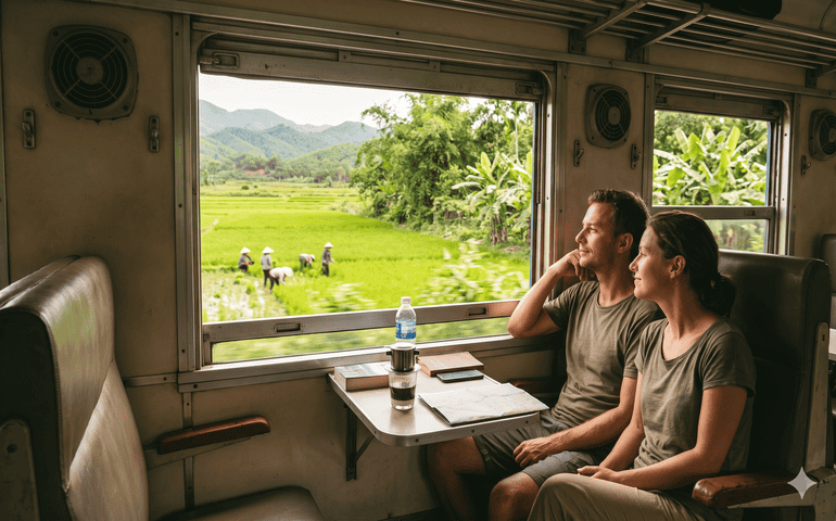 A couple sitting and watching outside a train