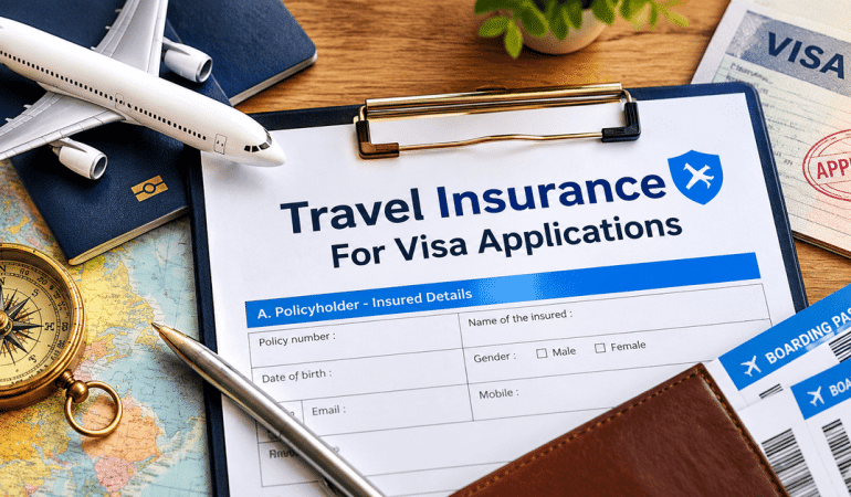 AI-generated image illustrating travel insurance requirements for visa applications