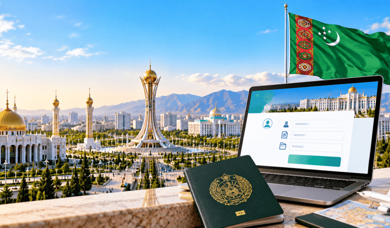 AI-generated image of a Turkmenistan e-Visa and passport on a table.