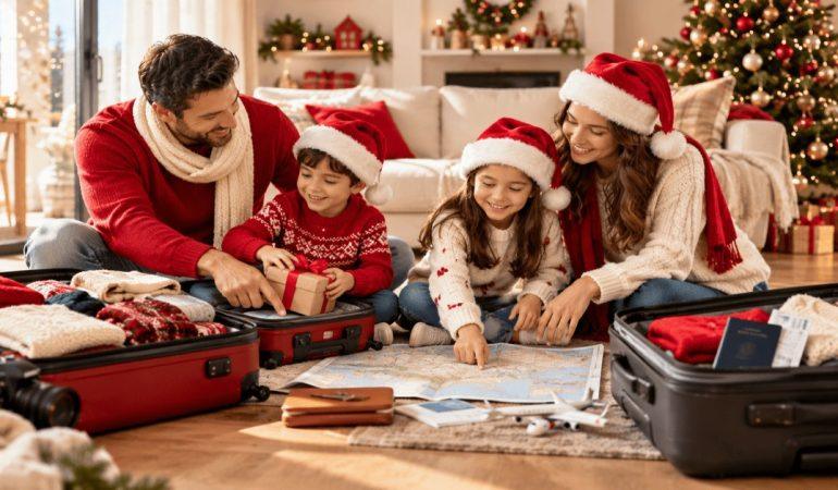 AI-generated image of a family packing and planning their Christmas vacation together.
