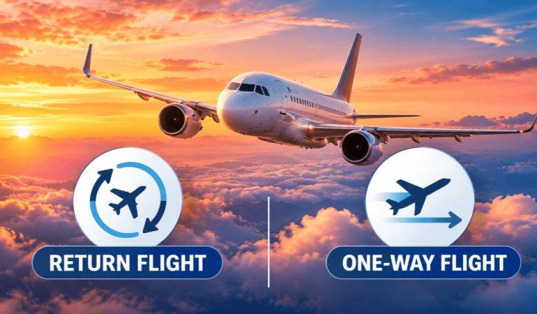 AI-generated image comparing one-way vs return flights for your next holiday.