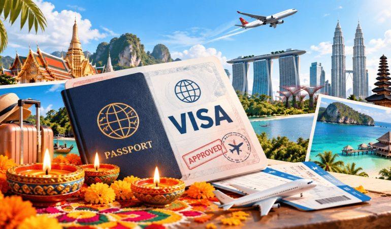 AI-generated image of Diwali diyas, international destinations, and visa essentials for festive travel.
