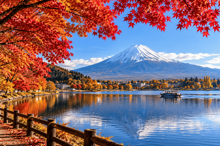 AI-generated image of Mount Fuji and the Fuji Five Lakes surrounded by vibrant autumn foliage.