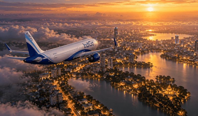 AI-generated image of flight flying above hanoi