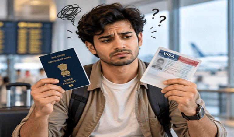 AI-generated image of a traveller checking his Indian passport and visa before a trip.